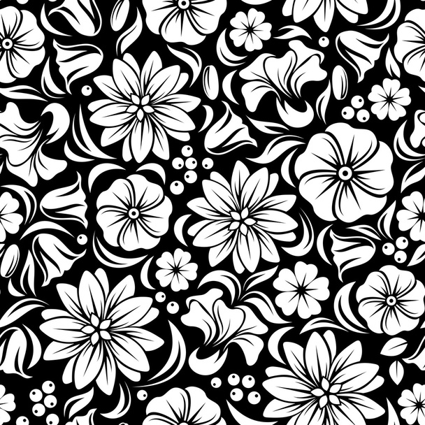 White seamless floral pattern on black. Vector illustration. - Вектор, зображення
