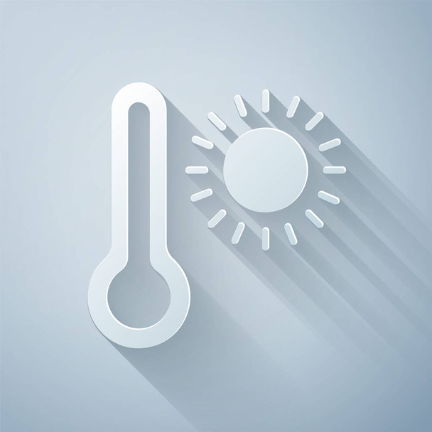 Taglio carta Termometro meteorologico per la misurazione del calore e icona a freddo isolato su fondo grigio. Apparecchiatura termometrica che mostra tempo caldo o freddo. Stile cartaceo. Vettore. - Vettoriali, immagini