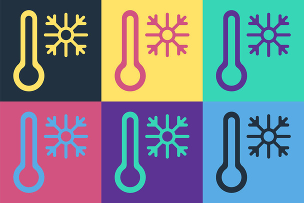Pop-Art Thermometer mit Schneeflockensymbol isoliert auf farbigem Hintergrund. Vektor. - Vektor, Bild
