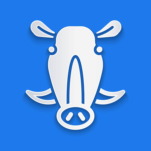 Paper cut Wild boar head icon isolated on blue background. Animal symbol. Paper art style. Vector. - Vecteur, image