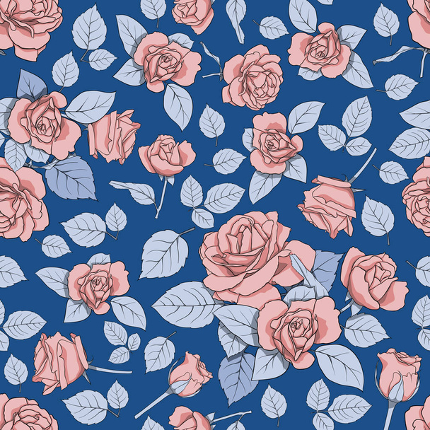 Seamless pattern with roses, branches, berries, leaves. Texture for fabric, textile, wallpaper, decor, paper, scrapbooking, etc. - 写真・画像