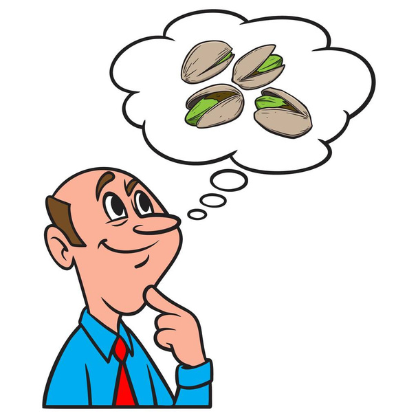 Thinking about Pistachios - A cartoon illustration of a man thinking about having Pistachios for a snack. - Vector, Image