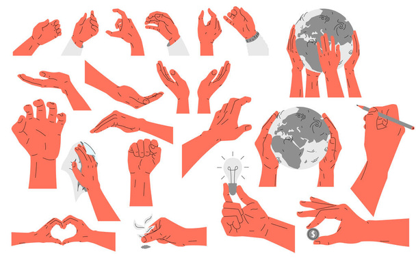 Σύνολο εικονιδίων χεριών. Εικονογράφηση διάνυσμα με ένα σύνολο από 20 εικόνες των ανθρώπινων χεριών, χέρια που δείχνουν διαφορετικά σημάδια και χειρονομίες και κρατώντας αντικείμενα - Διάνυσμα, εικόνα