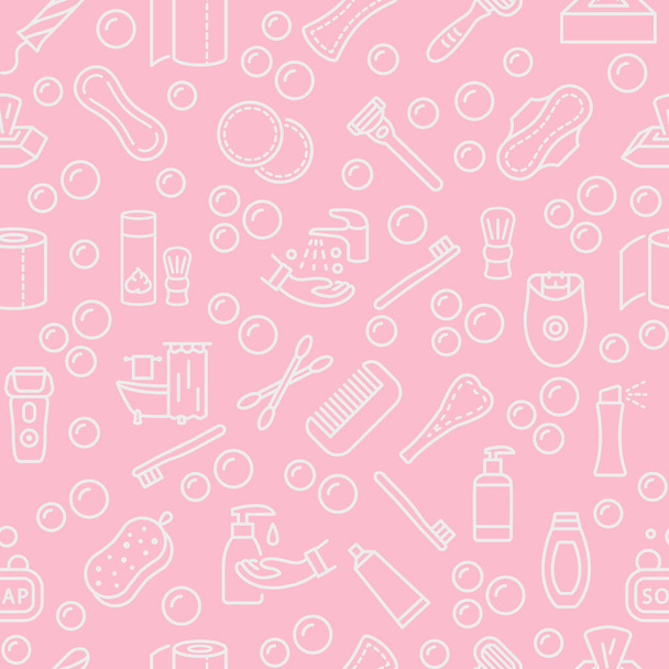 Seamless pattern with vector line flat icon. Personal hygiene products. Pink background color and white symbols. Womens and mens individual hygiene items - Vektor, Bild