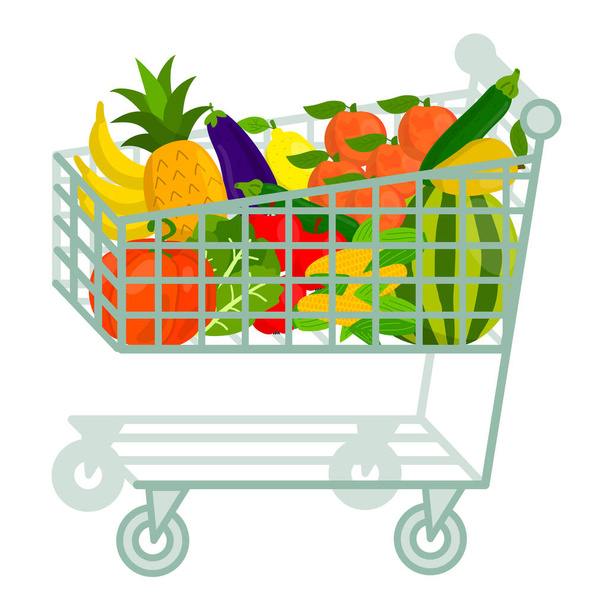 Grocery shopping cart with fruits and vegetables isolated on white. Full supermarket food basket, shop cart with groceries goods isolated. Vector illustration.   - Vektori, kuva
