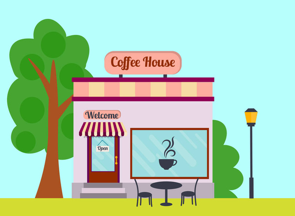 Cartoon coffee house facciata dell'edificio. Vista sulla strada del caffè in stile piatto. Al front shop. Illustrazione vettoriale.  - Vettoriali, immagini