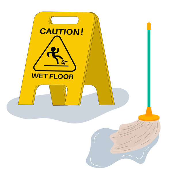 Cartoon cautela piso molhado sinal na placa de identificação em estilo plano na poça isolada no fundo branco. Esfregão molhado. Ilustração vetorial.  - Vetor, Imagem