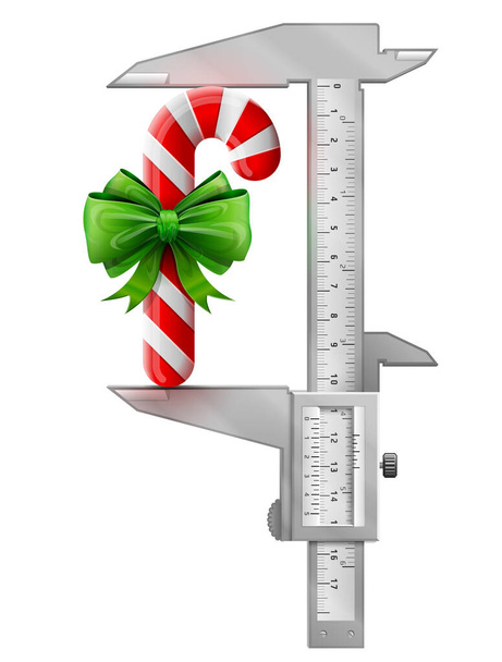Vertikální kaliper měří cukrovou třtinu s lukem. Koncept měření velikosti sváteční cukrové tyčinky zdobené stuhou. Vektorové ilustrace na Vánoce, Nový rok, zimní prázdniny, dezert, Silvestr, jídlo, atd. - Vektor, obrázek