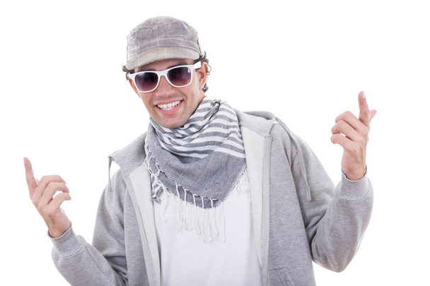 active man in sport wearing sweatshirt and cap with sunglasses - 写真・画像