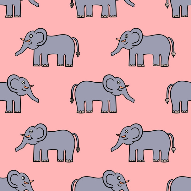 Naadloos patroon met tekenfilm doodle olifant. Wikkel papier, textiel, stof. Vectorillustratie.  - Vector, afbeelding