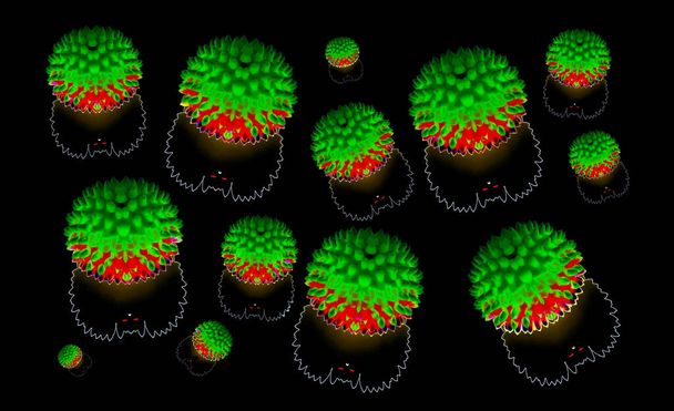 Immagine astratta del coronavirus. Un rosso-verde palline appuntite e le loro ombre a forma di pipistrello si trovano su uno sfondo nero. - Foto, immagini