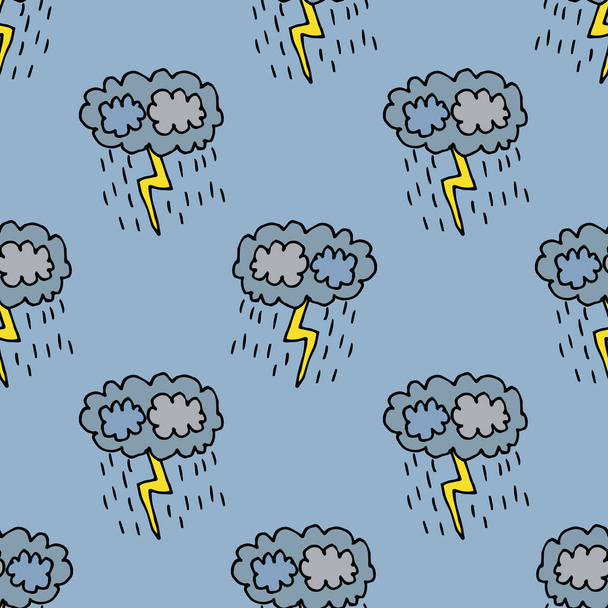 Cartoon Doodle Donner Wolke mit regen nahtlosen Muster. Wetter-Ikone im kindlichen Unendlichkeitshintergrund. Vektorillustration.   - Vektor, Bild