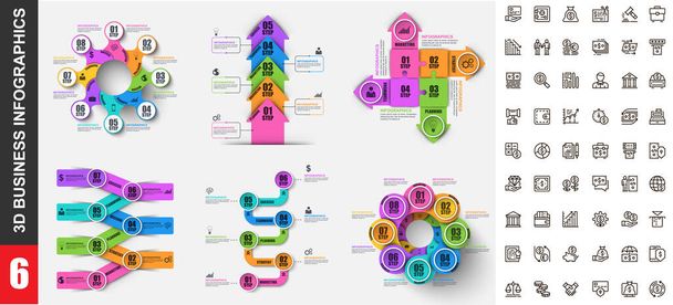 Bundel 3d infographics vector design template met set zakelijke pictogrammen pixel perfect. Kan gebruikt worden voor stappen, bedrijfsprocessen, workflow, diagram, flowchart concept, marketing iconen, info graphics. - Vector, afbeelding