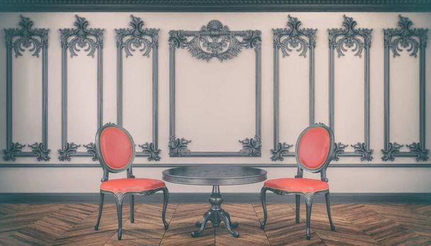 3D vykreslení viktoriánského vinobraní obývacího pokoje se dvěma židlemi a stolem - luxusní obývací pokoj v klasickém stylu - retro vzhled - Fotografie, Obrázek