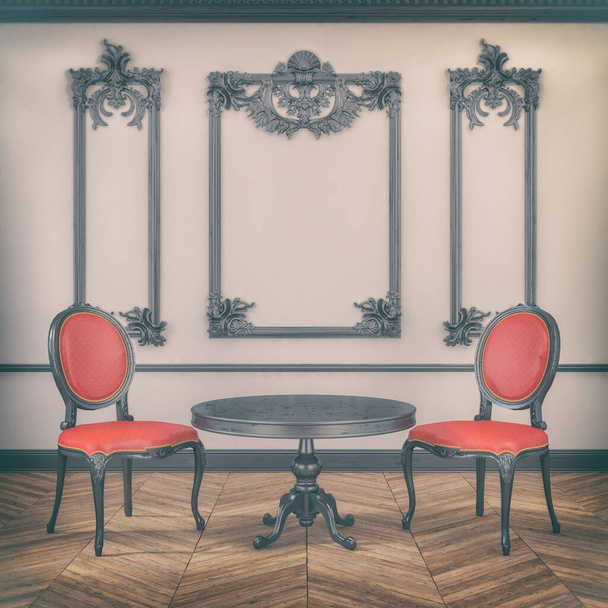 Renderização 3d de uma sala de estar vintage vitoriano com duas cadeiras e uma mesa - sala de estar de luxo em estilo clássico - olhar retro - Foto, Imagem