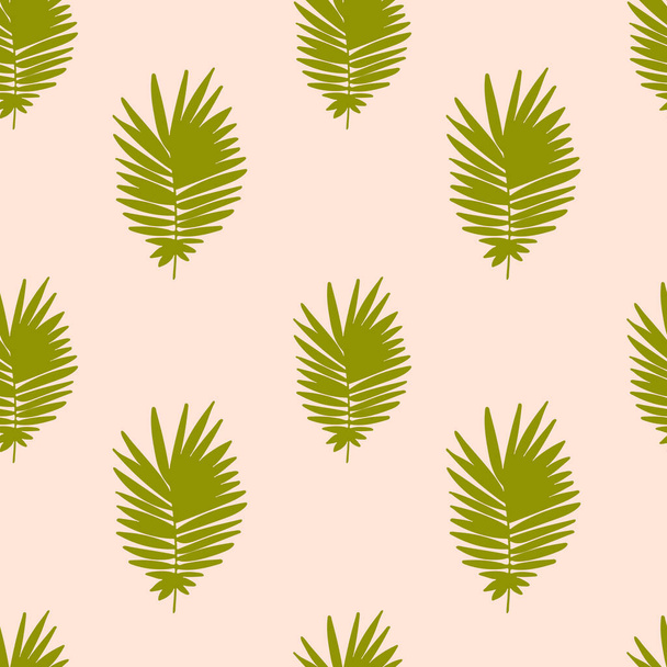 Fondo tropical con hojas de palma verde dibujadas a mano sobre rosa pastel. Patrón tropical sin costuras. Vector. - Vector, Imagen