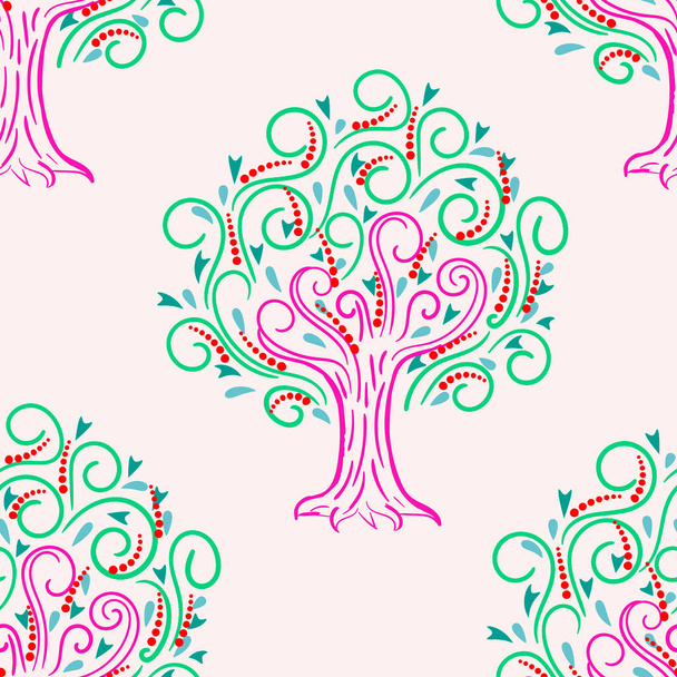 Abstracte naadloze patroon met cartoon krullende appelboom, achtergrond. Vectorillustratie.   - Vector, afbeelding