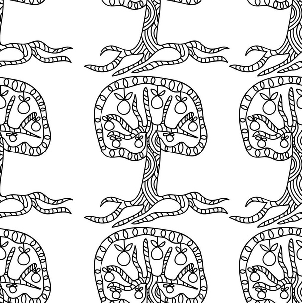 Black and white forest doodle seamless pattern. Background with fantasy apple tree. Endless floral pattern for coloring book, wrapping paper, textile design. Vector illustration. - Vector, Image