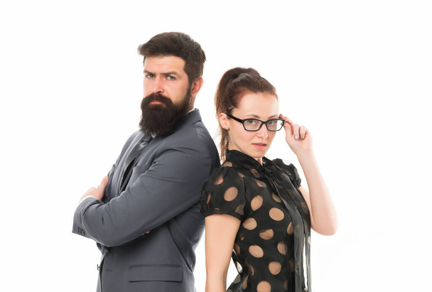 Business partners leadership and cooperation balance. Office job and business. Business concept. Nothing personal just business. Couple colleagues man with beard and pretty woman on white background - Fotoğraf, Görsel