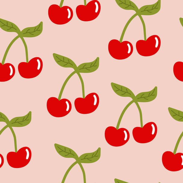 Cartoon cherry seamless pattern.  Fruit background. Wrapping paper, textile, cover, infinity card. Vector illustration.   - Vector, Image