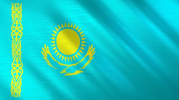 La bandera ondeante de Kazajstán. Ilustración 3D de alta calidad. Perfecto para noticias, reportajes, eventos.  - Foto, imagen
