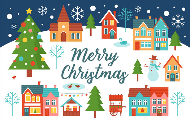 Merry Christmas greeting card design with country village landscape and Christmas tree. Flat style cartoon illustration - Wektor, obraz