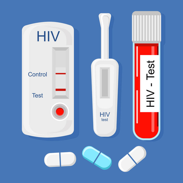 Exprese la ilustración del kit de autoprueba del VIH con tubo de laboratorio con sangre.Diferentes tipos de herramientas médicas.Prevención de los AiD.Concepto de diagnóstico del virus de la inmunodeficiencia.Transmisión de la enfermedad.Píldoras planas vectoriales - Vector, Imagen