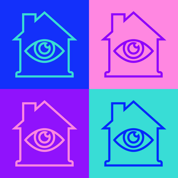Pop art ligne Maison avec icône de balayage des yeux isolé sur fond de couleur. Un oeil qui scanne. Symbole de sécurité. Cyber eye sign. Vecteur. - Vecteur, image
