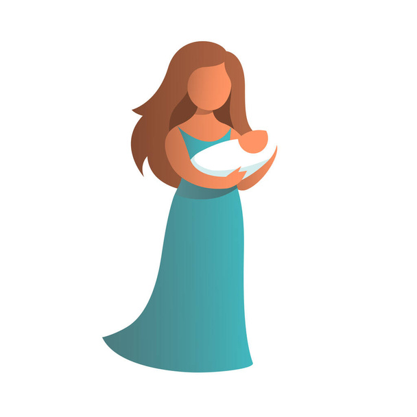 La joven madre está de pie con un bebé lactante. Lleva un vestido largo. Ilustración vectorial aislada sobre la familia. - Vector, Imagen