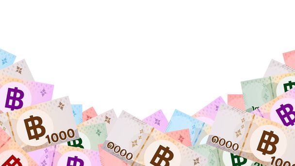 notas de banco tailandesas isoladas em branco, moeda tailandesa THB para fundo, dinheiro tailandês estilo plano na vista superior, tipo de papel moeda com símbolo B gráfico, ilustração nota bancária e espaço de cópia - Vetor, Imagem