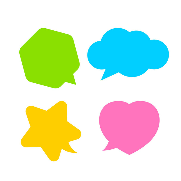 star shaped speech bubble yellow, heart shaped speech bubble pink, hexagon speech bubble green, cloud speech bubble blue, geometry balloon for text colorful isolated on white for copy space - Vektör, Görsel