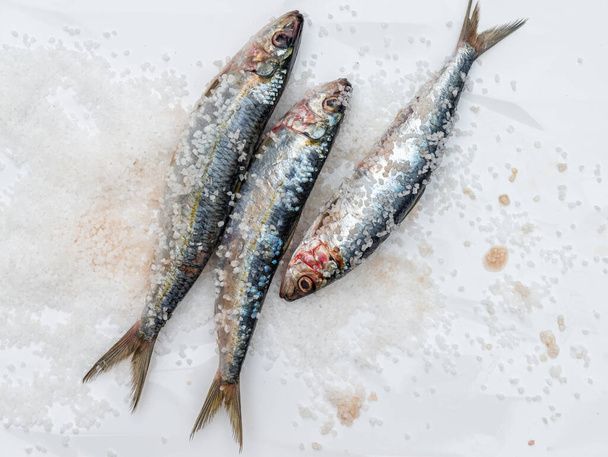 Nyers makrélahal tengeri sóval fehér kerámia felületen, egészséges étel - Fotó, kép