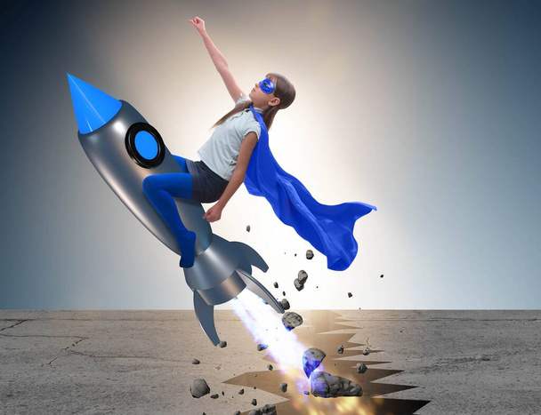 Superbohater dzieciak latający na rakiecie - Zdjęcie, obraz