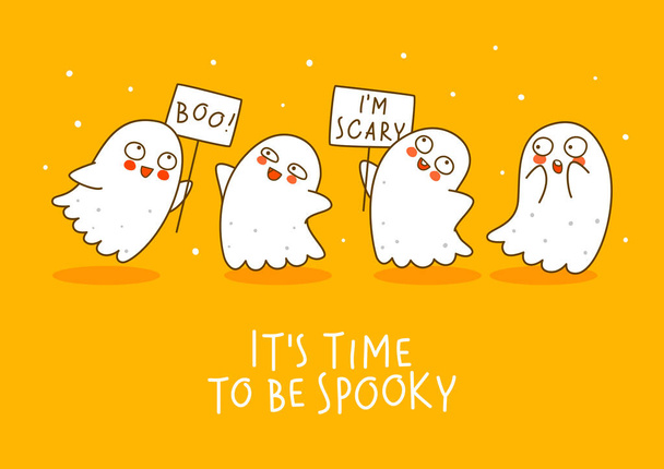 Leuke kleine geesten op oranje achtergrond - stripfiguren grens voor grappige Halloween wenskaart ontwerp - Vector, afbeelding