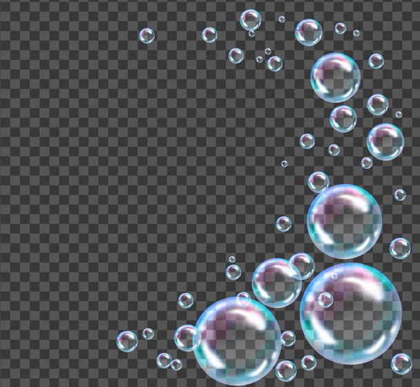 Burbujas de jabón transparentes voladoras sobre fondo a cuadros. - Vector, imagen