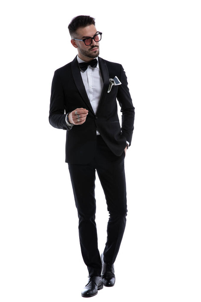 elegant young guy in tuxedo holding hands in a fashion pose looking to side and walking isolated on white background - Foto, imagen