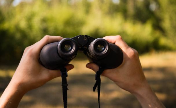 Hands holding binoculars. Forest hiking. Bird watching. Searching for opportunities concept. Adventure quest - Фото, зображення