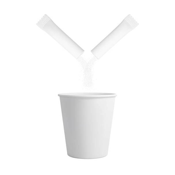 Bílý papírový šálek kávy a padající cukr z potrhané cukrové třtiny. Realistický vektorový mockup. - Vektor, obrázek
