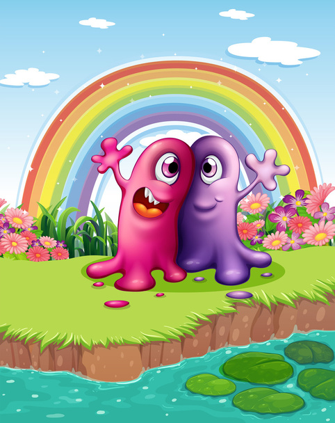 Two monsters at the riverbank with a rainbow in the sky - Vector, Image