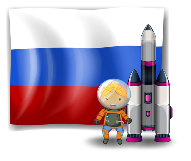 A Russian flag with an explorer beside a rocket - Vector, Image