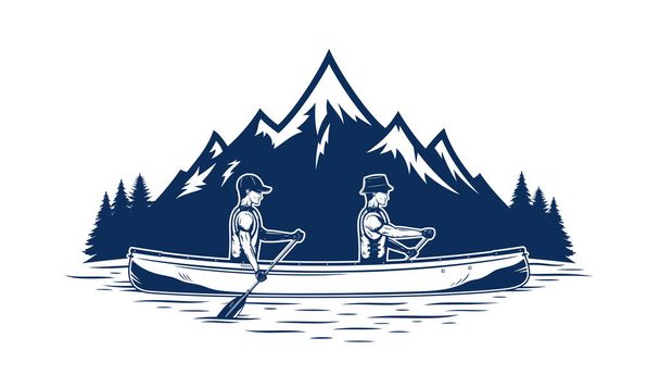 Deux hommes faisant du canoë sur l'illustration vectorielle d'un lac de montagne. Sport nautique et concept de canoë-kayak - Vecteur, image