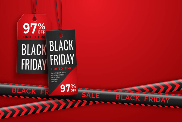 Black Friday realistic paper price tag and danger tapes. Sale price tag labels - Vector, Image