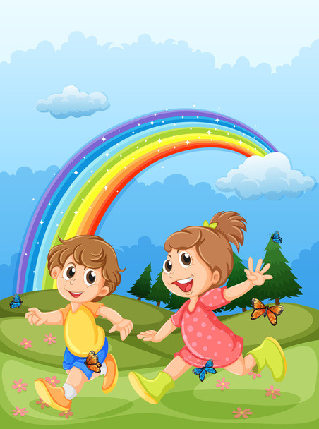τα παιδιά παίζουν στο hilltop με ένα ουράνιο τόξο στον ουρανό - Διάνυσμα, εικόνα
