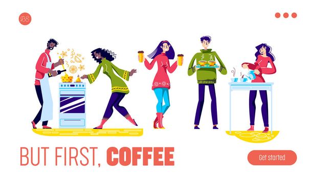 Kávé első kezdőlap rajzfilmfigurákkal forró italok készítése - Vektor, kép