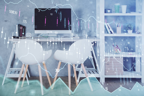 Multi exposure of stock market chart drawing and office interior background. Concept of financial analysis. - 写真・画像