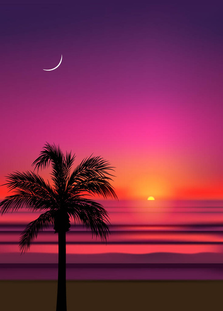Fond de plage tropical d'été avec palmiers, lever et coucher du soleil. Plaque de fête d'été affiche flyer carte d'invitation. L'été. - Vecteur, image