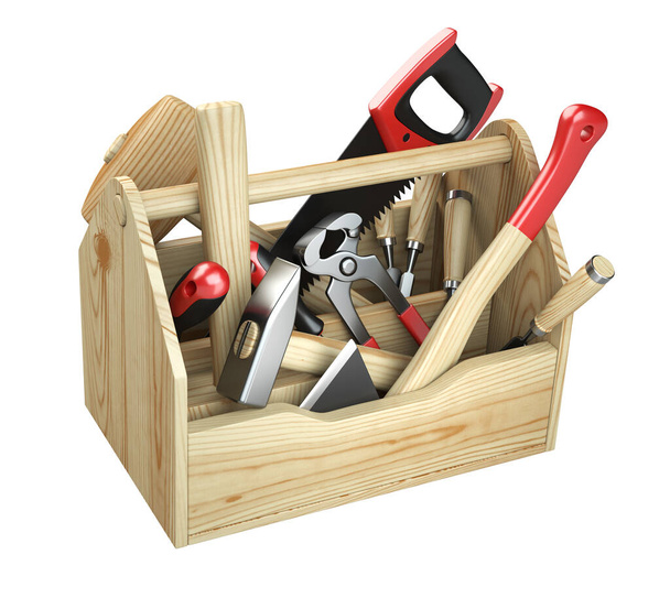 A wooden toolbox containing with ax, chisel, pliers, mallet, hammer, screwdriver, wrench, saw and wire cutters. 3d illustration isolated on a white background. - Fotoğraf, Görsel
