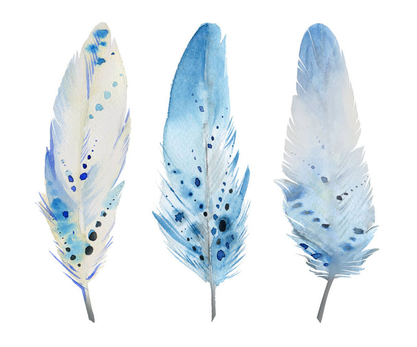 Watercolour blue feather set. Design for pattern, textile in bohemian style. Watercolor illustration isolated on white background. - Foto, Imagem