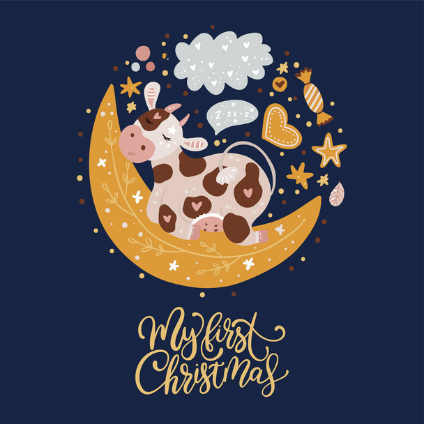 Χριστούγεννα χαριτωμένο καρτούν κύκλο αγελάδα - Διάνυσμα, εικόνα