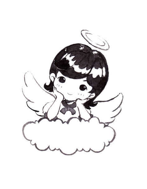 Siyah saçlı tatlı bir melek kız dirseğini bulutun üzerine koydu. Beyaz arkaplanda elle boyanmış resimler. - Fotoğraf, Görsel